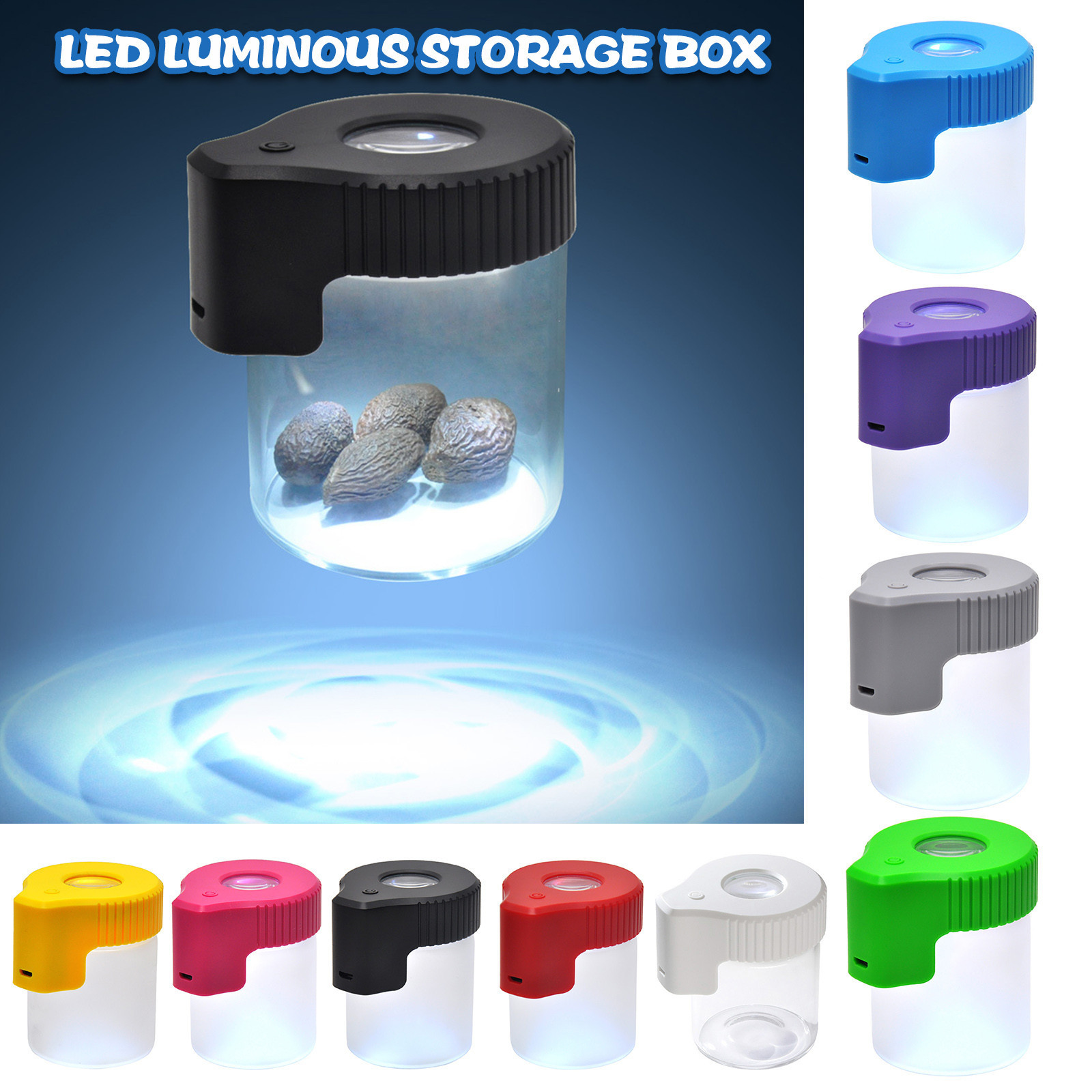 Plastic And Glass Led Sealed Magnifying Storage Container 155ml Plastic Cas